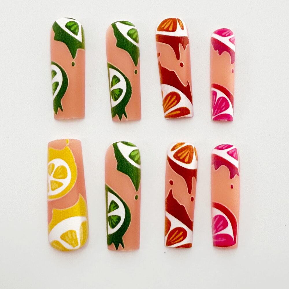 Long Citrus Press On Nails, Colorful Summer Nail Set, Handmade Fruity Nail Art